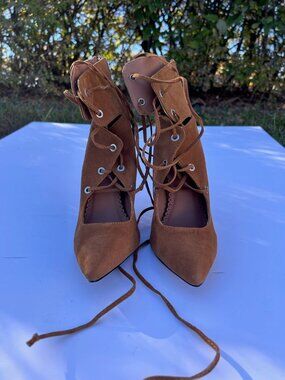 Tan Faux Suede Lace-Up Pointed-Toe Stiletto Heels